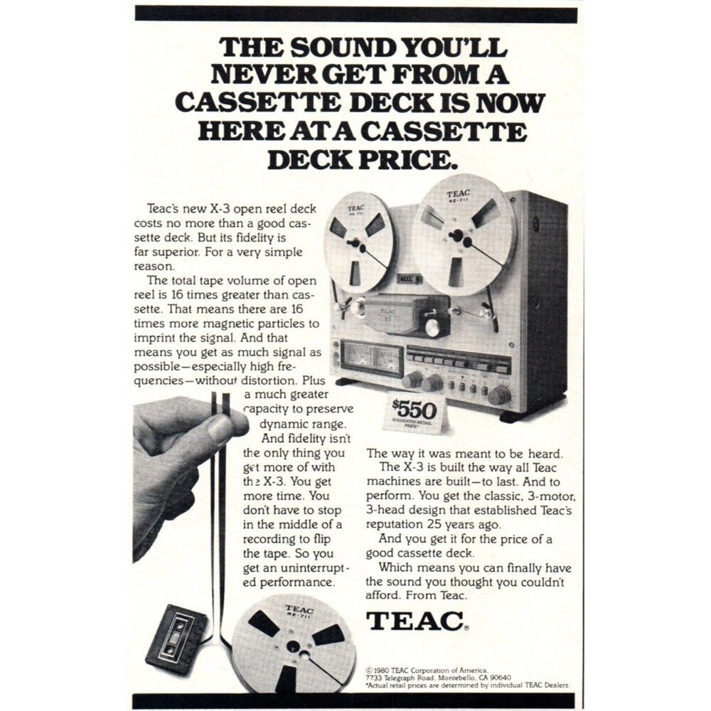 1981 Teac X-3 Open Reel to Reel Tape Vintage Print Ad Audiophile Wall Art